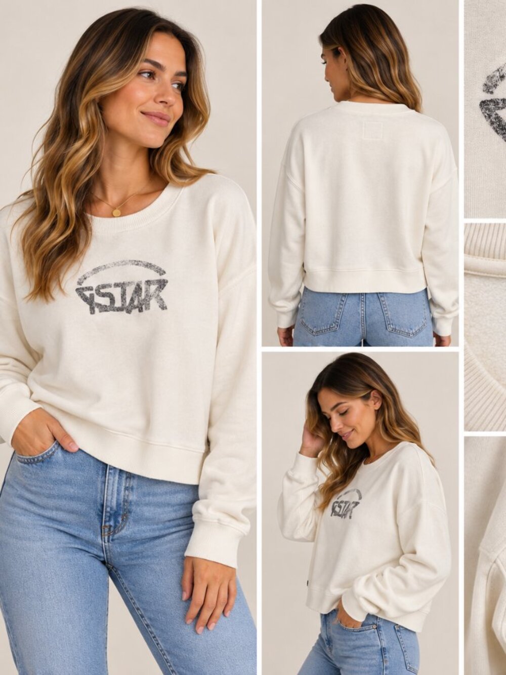 G-Star RAW Cream Distressed Logo Crewneck Sweatshirt Women’s M